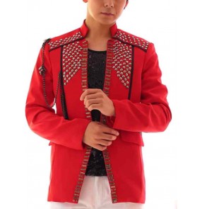 Men youth red jazz dance coat rivet gemstones night Bar dj ds punk rock style party show dress suit Concert band performance jacket